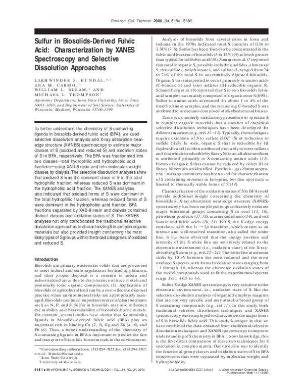 (PDF) Sulfur in Biosolids-Derived Fulvic Acid: Characterization by ...