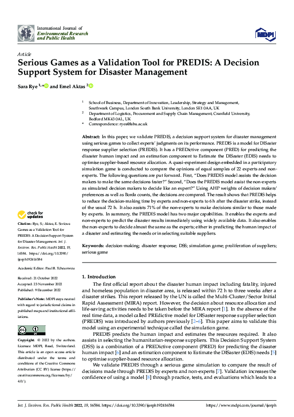 (PDF) Serious Games as a Validation Tool for PREDIS: A Decision Support ...