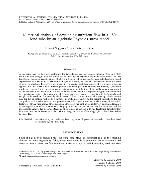 (PDF) Numerical analysis of developing turbulent flow in a 180° bend ...