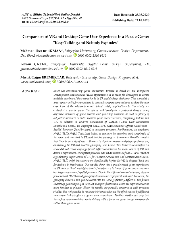(PDF) Comparison of VR and Desktop Game User Experience in a Puzzle ...
