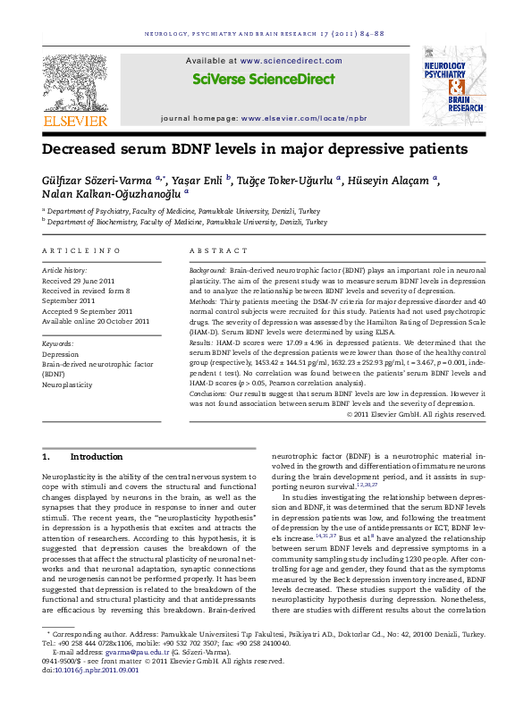 (PDF) Decreased serum BDNF levels in major depressive patients
