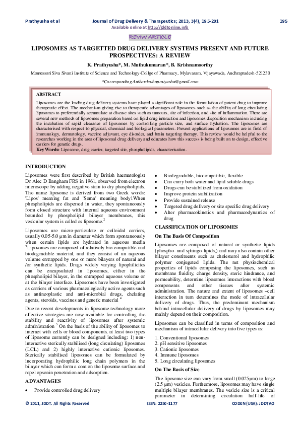 (PDF) Liposomes as Targetted Drug Delivery Systems Present and Future ...