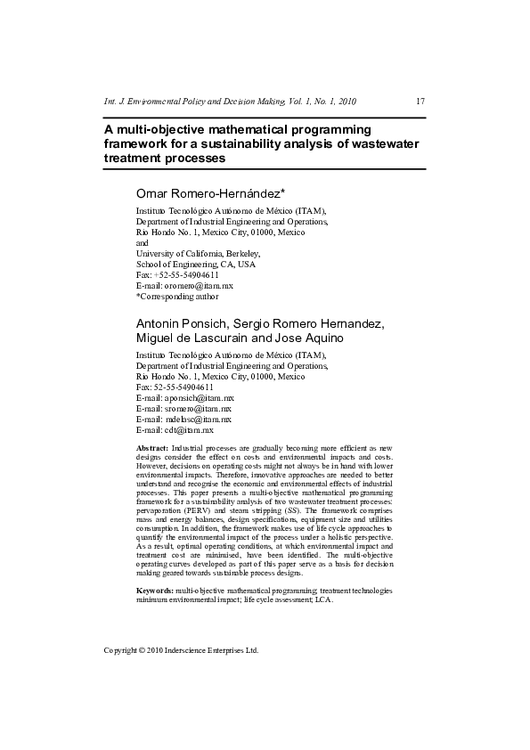 (PDF) A multi-objective mathematical programming framework for a ...