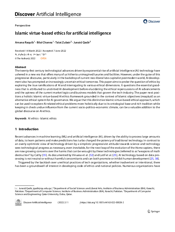 (PDF) Islamic virtue-based ethics for artificial intelligence