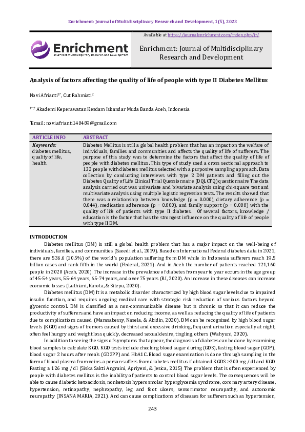 (PDF) Analysis of factors affecting the quality of life of people with ...