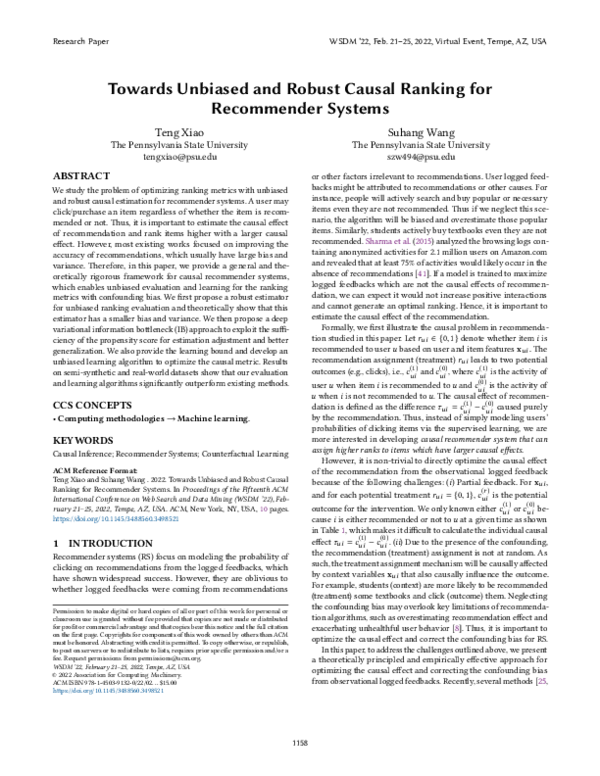 (PDF) Towards Unbiased and Robust Causal Ranking for Recommender Systems