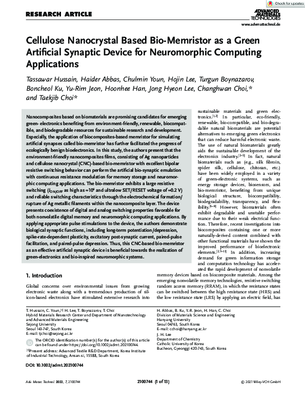 (PDF) Cellulose Nanocrystal Based Bio-Memristor as a Green Artificial ...