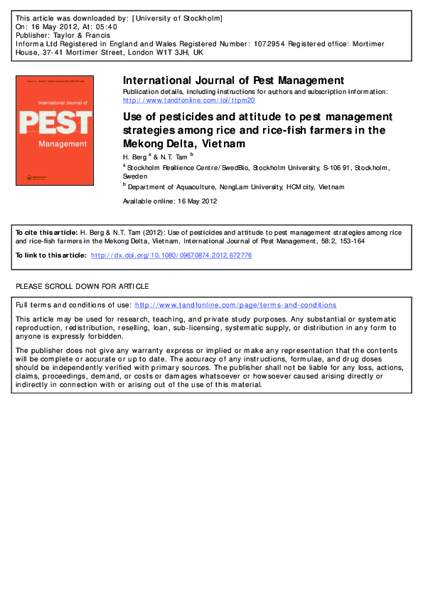 Use of pesticides and attitude to pest management strategies among rice and rice-fish farmers intheMekong Delta, Vietnam