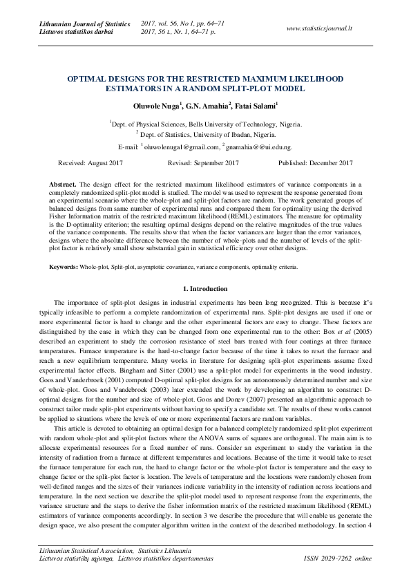 (PDF) Optimal Designs For the Restricted Maximum Likelihood Estimators ...