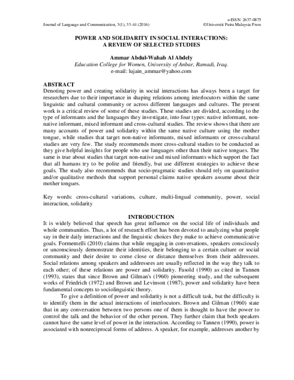 (PDF) POWER AND SOLIDARITY IN SOCIAL INTERACTIONS: A REVIEW OF SELECTED ...
