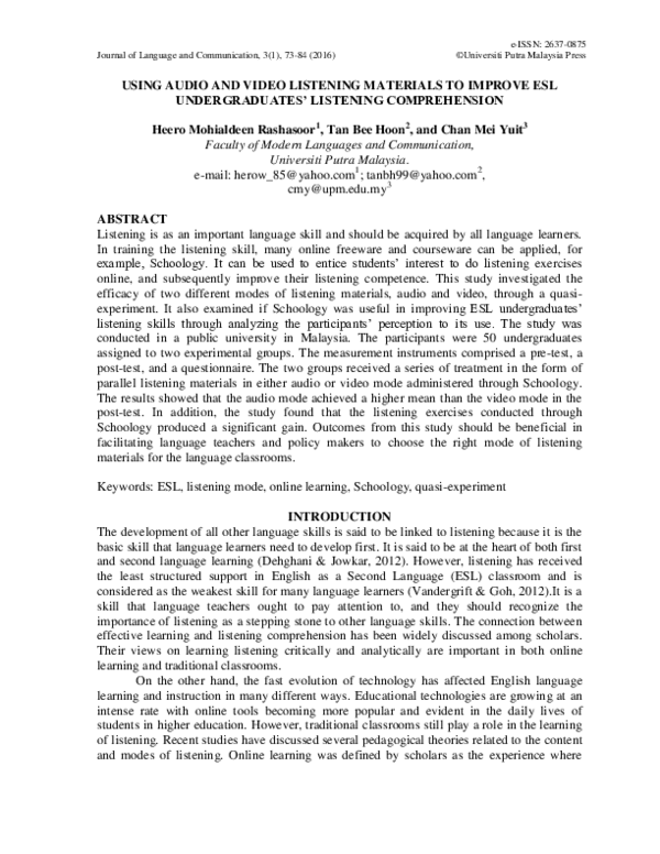 (PDF) USING AUDIO AND VIDEO LISTENING MATERIALS TO IMPROVE ESL ...