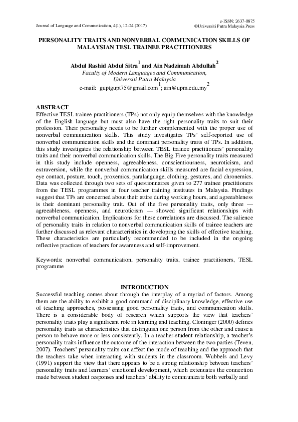 (PDF) PERSONALITY TRAITS AND NONVERBAL COMMUNICATION SKILLS OF ...