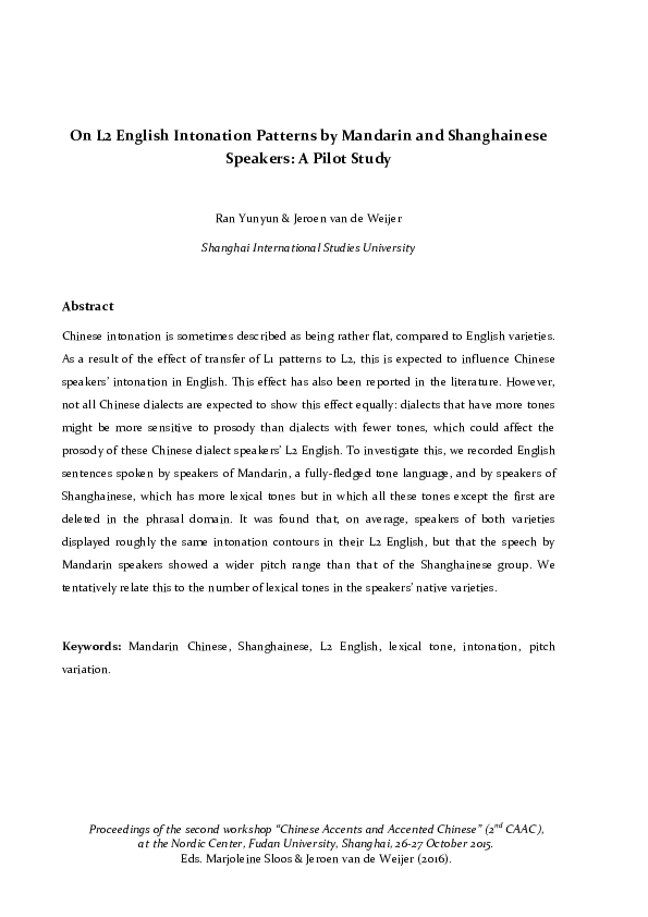 (PDF) On L 2 English Intonation Patterns by Mandarin and Shanghainese ...