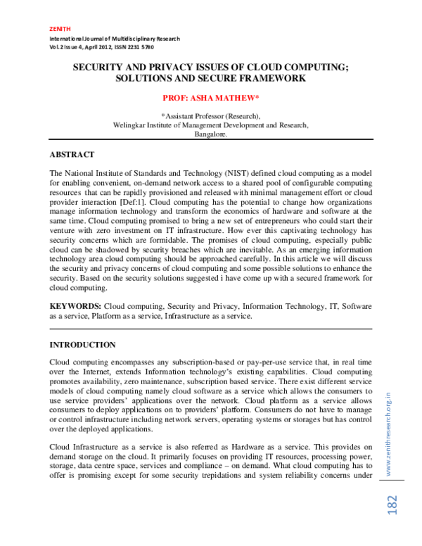 (PDF) SECURITY AND PRIVACY ISSUES OF CLOUD COMPUTING; SOLUTIONS AND ...