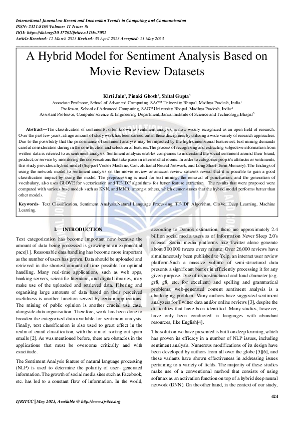 (PDF) A Hybrid Model for Sentiment Analysis Based on Movie Review Datasets
