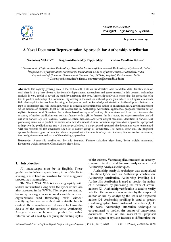 (PDF) A Novel Document Representation Approach for Authorship Attribution