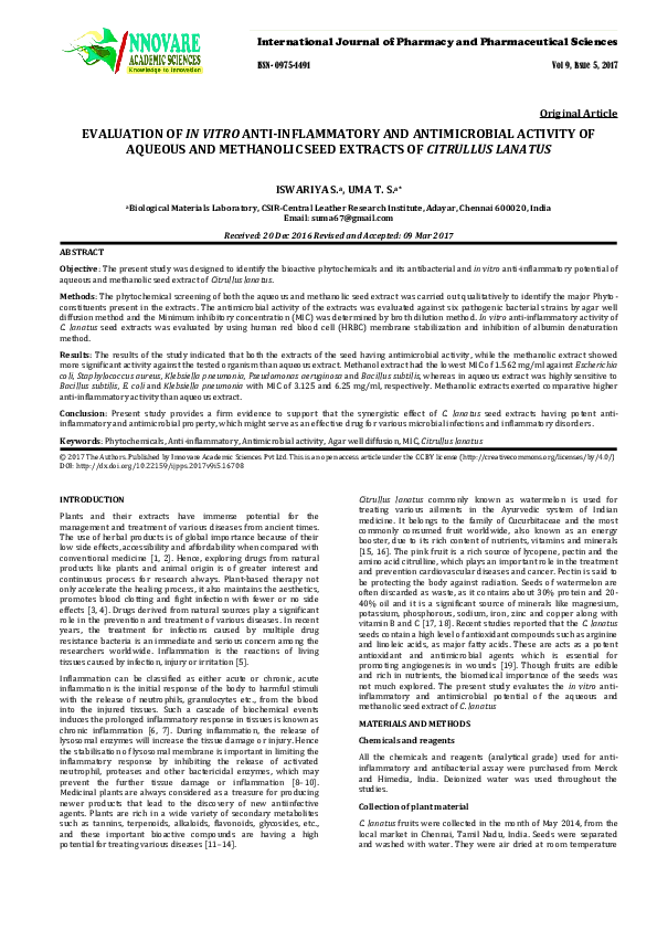 (PDF) EVALUATION OF IN VITRO ANTI-INFLAMMATORY AND ANTIMICROBIAL ...