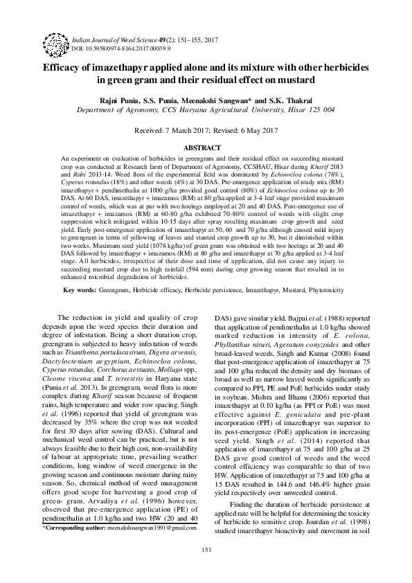(PDF) Efficacy of imazethapyr applied alone and its mixture with other ...