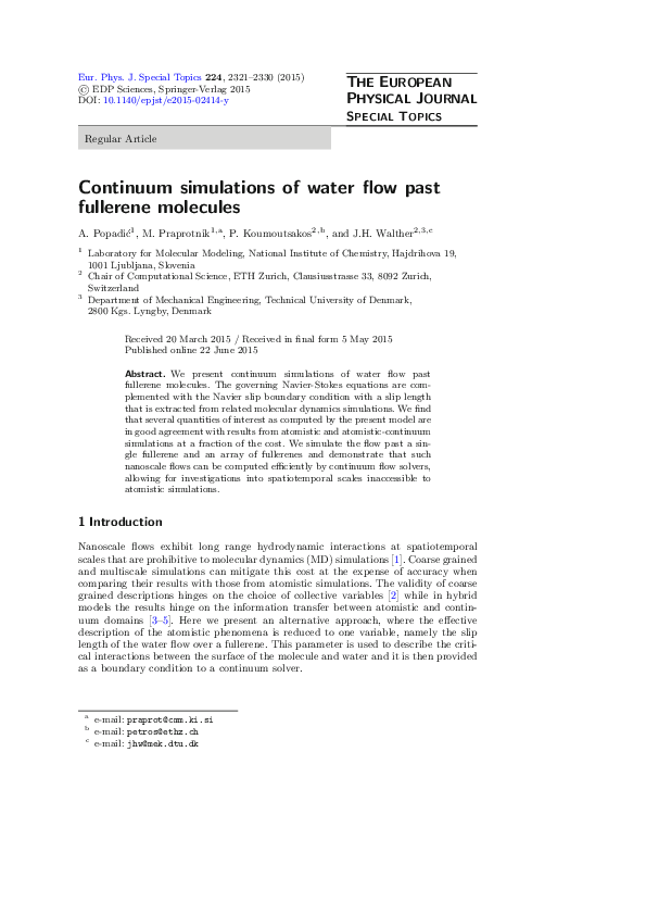 (PDF) Continuum simulations of water flow past fullerene molecules
