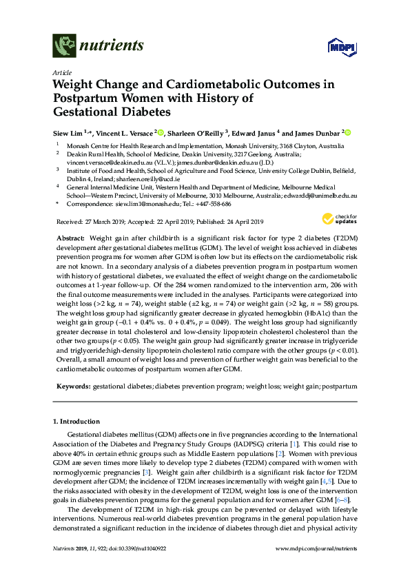 (PDF) Weight Change and Cardiometabolic Outcomes in Postpartum Women ...