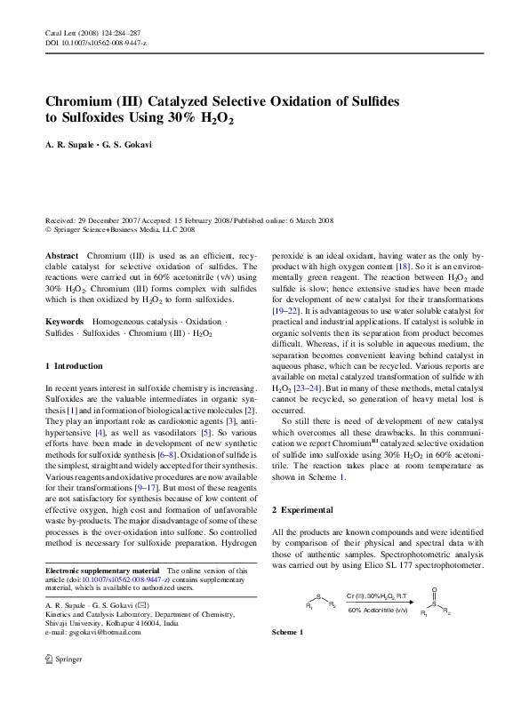 (PDF) Chromium (III) Catalyzed Selective Oxidation of Sulfides to ...