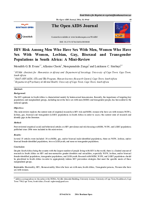 (PDF) HIV Risk Among Men Who Have Sex With Men, Women Who Have Sex With ...