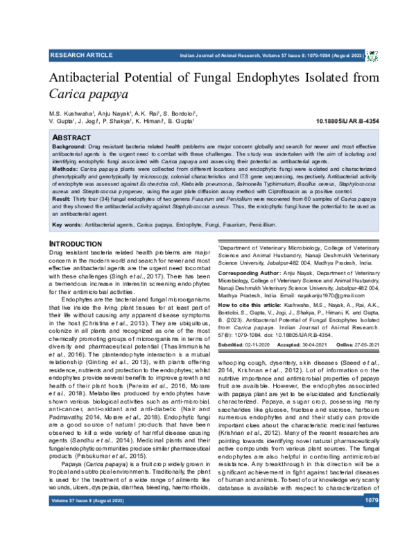 (PDF) Antibacterial Potential of Fungal Endophytes Isolated from Carica ...