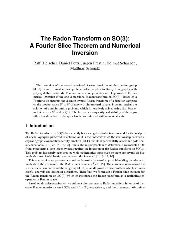 (PDF) The Radon transform on SO(3): a Fourier slice theorem and ...