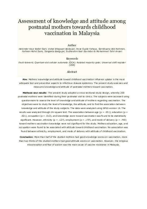 (PDF) Assessment of knowledge and attitude among postnatal mothers ...