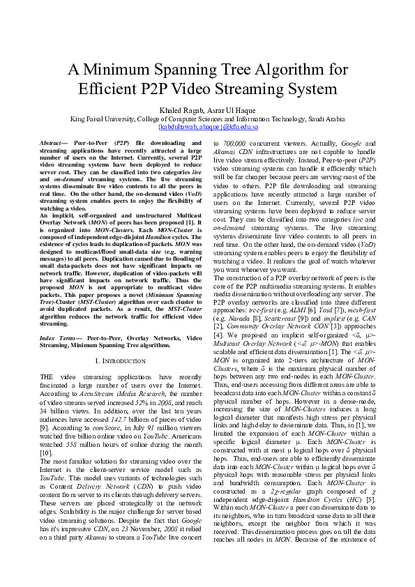 (PDF) A minimum spanning tree algorithm for efficient P2P video ...