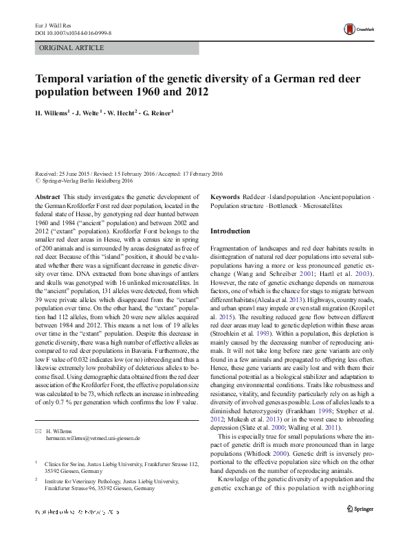 (PDF) Temporal variation of the genetic diversity of a German red deer ...