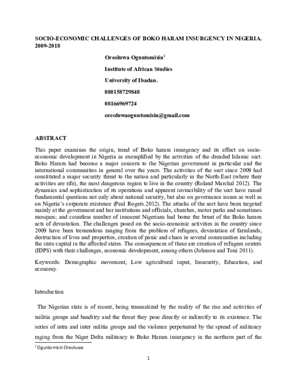 (DOC) SOCIO-ECONOMIC CHALLENGES OF BOKO HARAM INSURGENCY IN NIGERIA ...