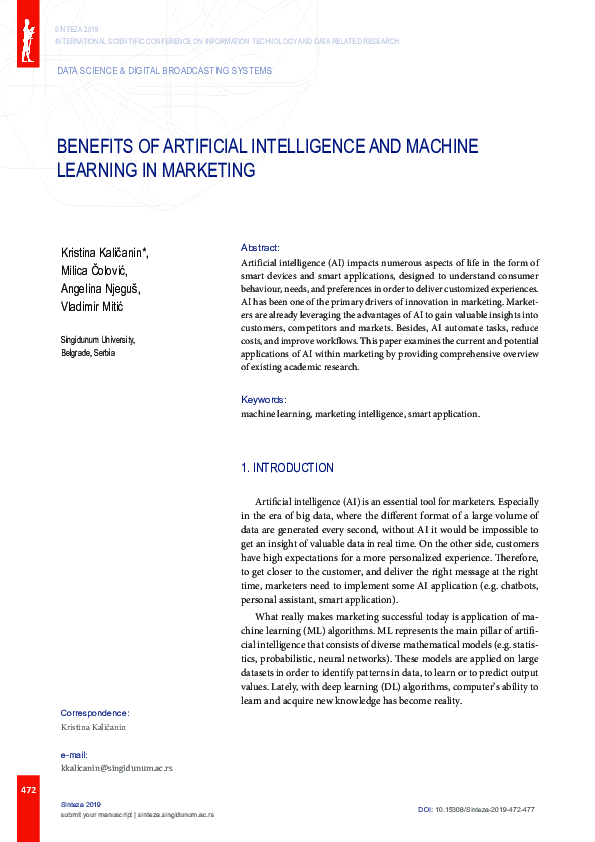 (PDF) Benefits of Artificial Intelligence and Machine Learning in Marketing