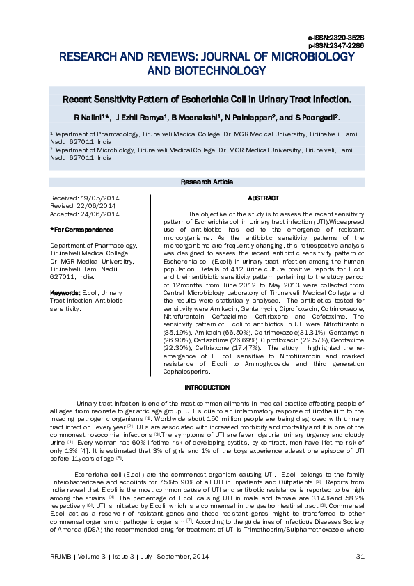 (PDF) Recent Sensitivity Pattern of Escherichia Coli in Urinary Tract ...