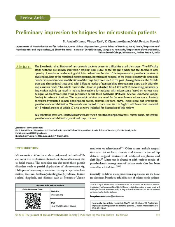 (PDF) Preliminary impression techniques for microstomia patients