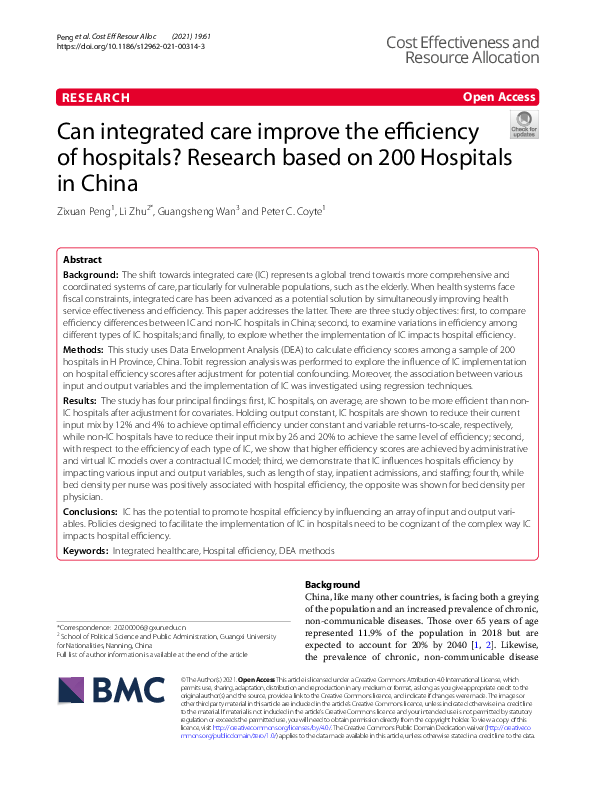 (PDF) Can integrated care improve the efficiency of hospitals? Research ...