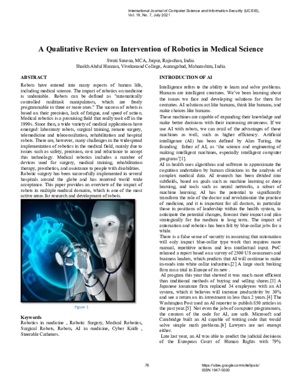 (PDF) A Qualitative Review on Intervention of Robotics in Medical Science