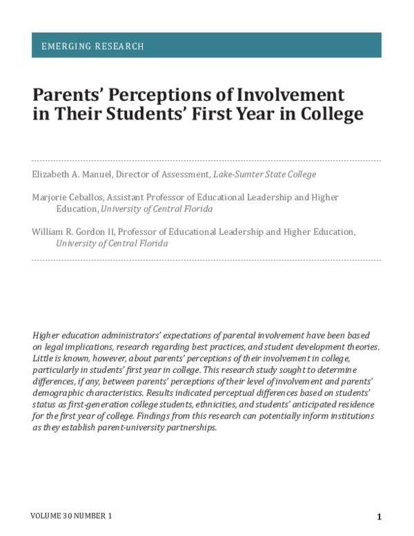 (PDF) Parents’ Perceptions of Involvement in Their Students’ First Year ...