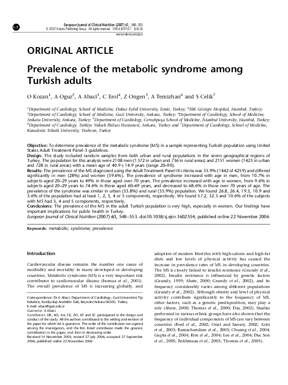 (PDF) Prevalence of the metabolic syndrome among Turkish adults