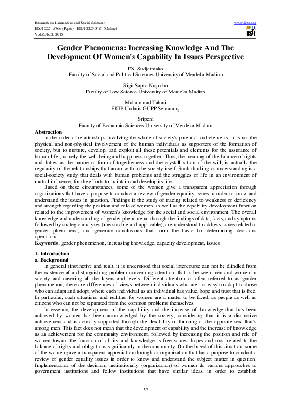 (PDF) Gender Phenomena: Increasing Knowledge And The Development Of ...