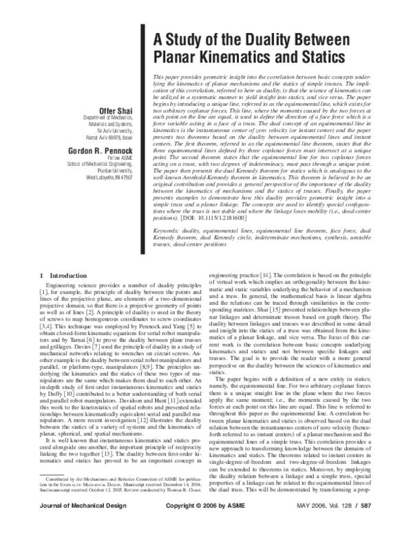 (PDF) A Study of the Duality Between Planar Kinematics and Statics