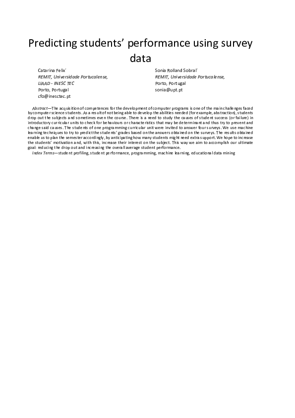 (PDF) Predicting students’ performance using survey data