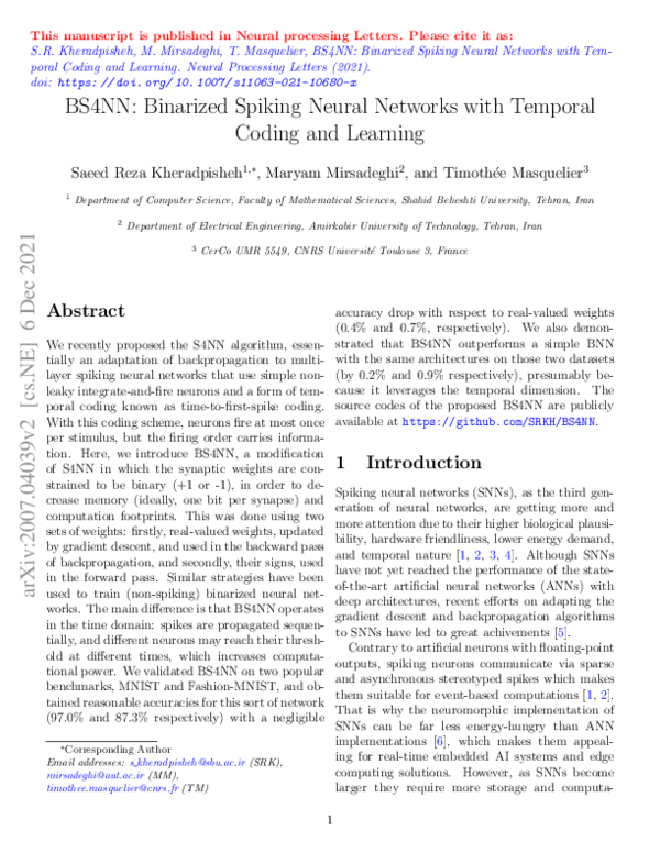 (PDF) BS4NN: Binarized Spiking Neural Networks with Temporal Coding and ...