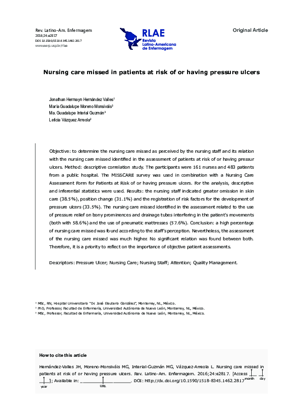 (PDF) Nursing care missed in patients at risk of or having pressure ulcers