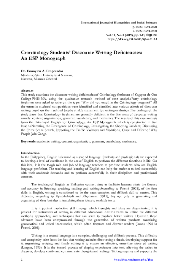 (PDF) Criminology Students’ Discourse Writing Deficiencies: An ESP ...