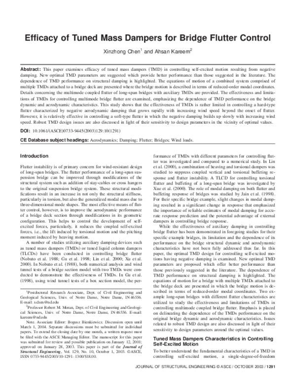 (PDF) Efficacy of Tuned Mass Dampers for Bridge Flutter Control