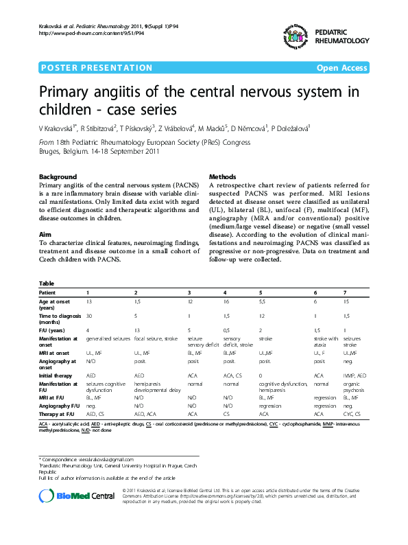 (PDF) Primary angiitis of the central nervous system in children - case ...