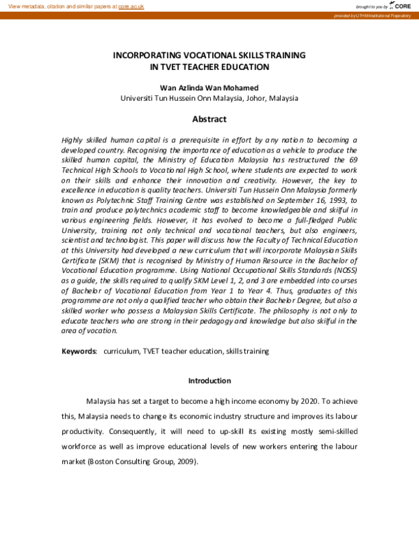 (PDF) Incorporating Vocational Skills Training in Tvet Teacher Education