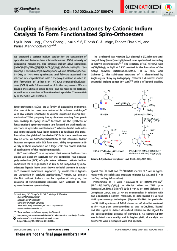 (PDF) Coupling of Epoxides and Lactones by Cationic Indium Catalysts To ...