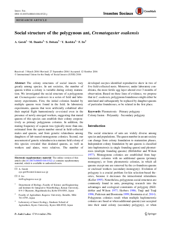 (PDF) Social structure of the polygynous ant, Crematogaster osakensis
